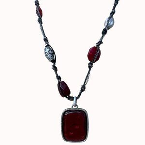 Chicos Double-Strand Red Pendant Necklace With Black & Silver Accents